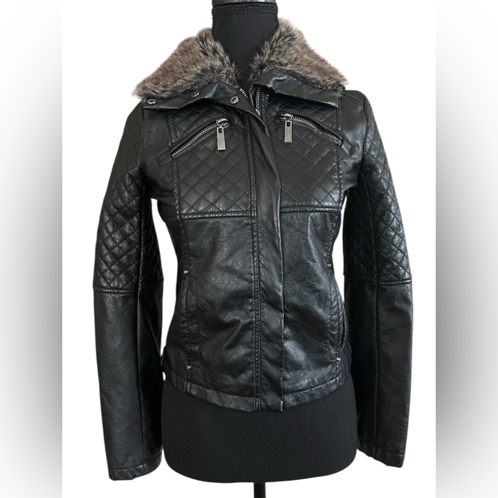 Black Quilted Faux Leather Moto Jacket Rocker Streetwear Winter Glam Size Small